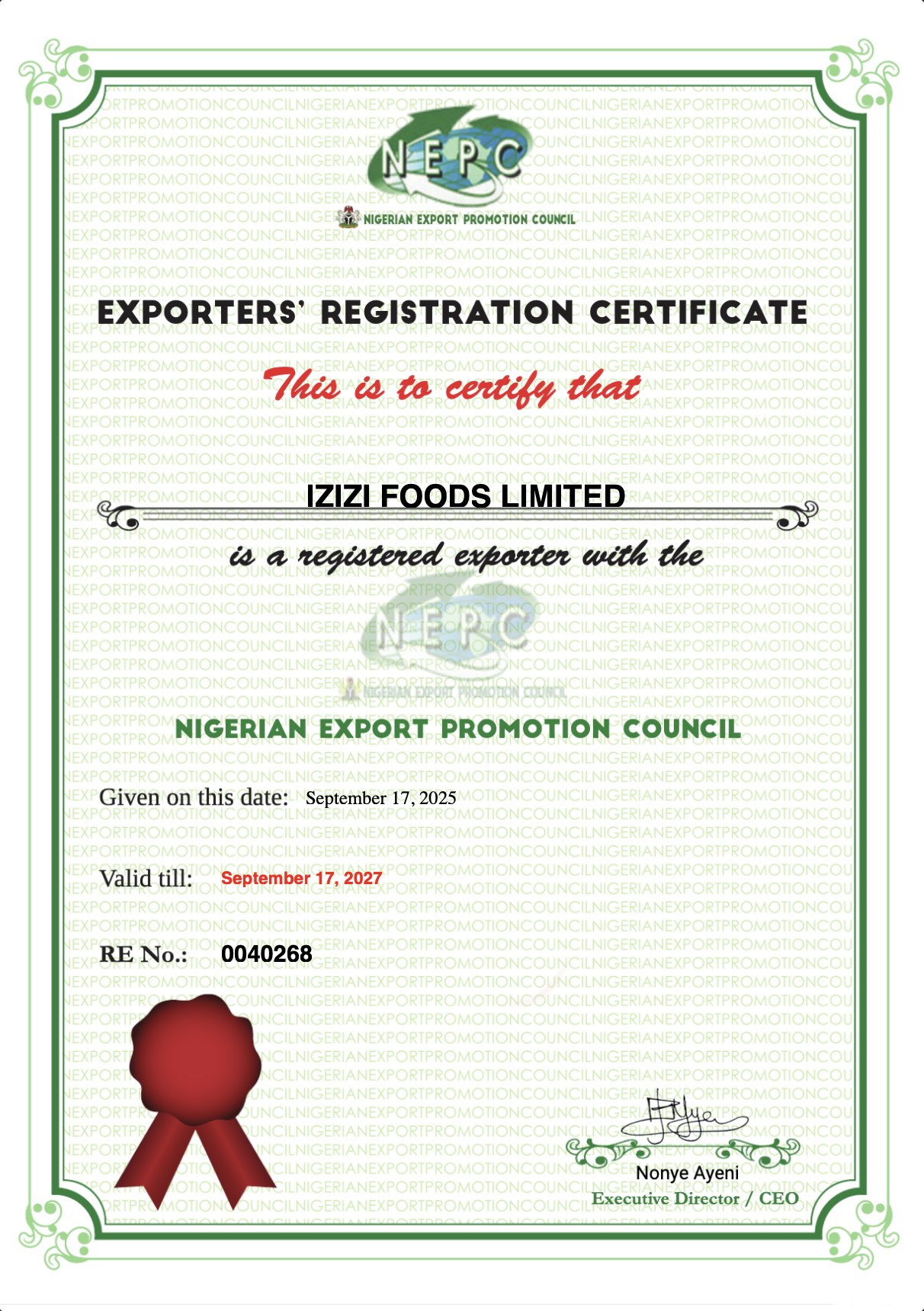 Exporters Registration Certificate